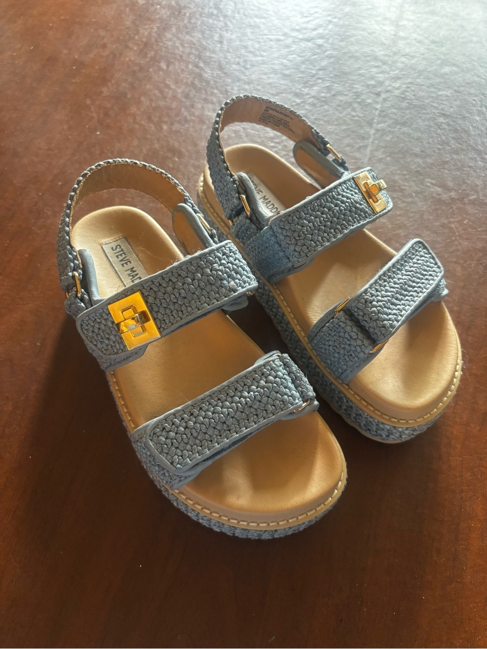 Steve Madden Womenโs Braided Double-Strap Platform Sandals with Gold Buckles